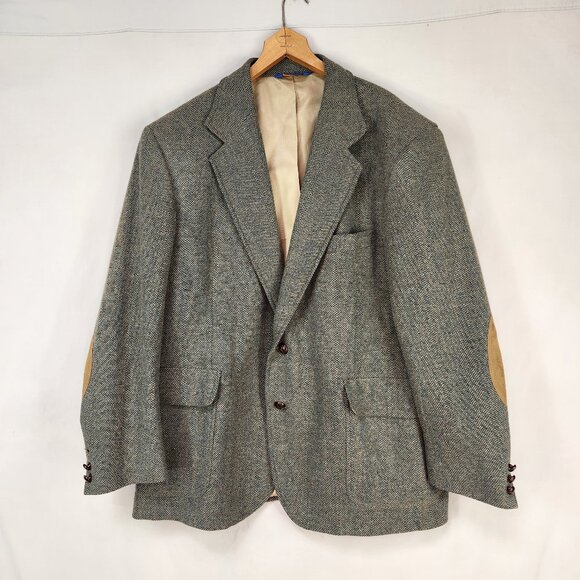 Vtg Pendleton Wool Sport Coat Men's 46 Elbow Patches Green Tan Blazer Jacket - Picture 1 of 12